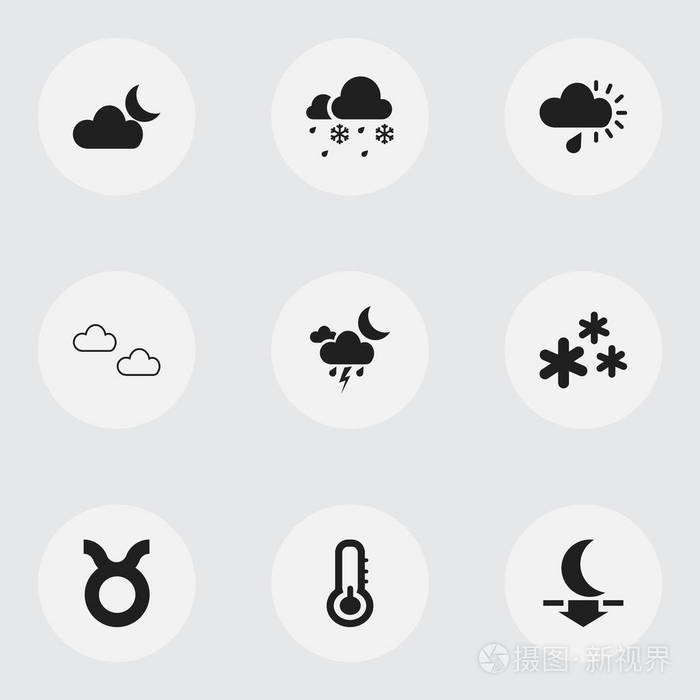 9 可编辑天气图标集.包括符号雾, 细雨, 牛等.可用于