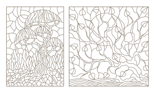 设置彩色玻璃具有的树木图像的轮廓插图