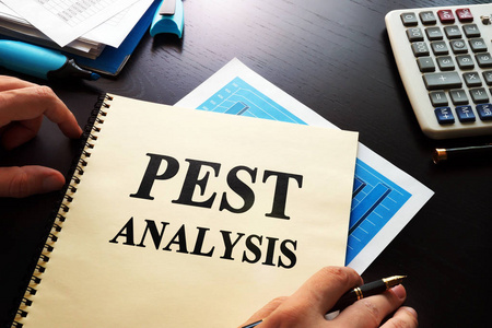 预订 Pest 分析业务放在桌子上