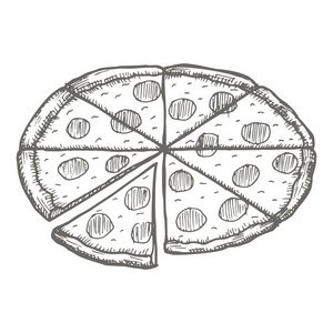 矢量绘图的老式比萨饼。手绘单色快餐图