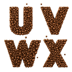 字母 U V W X 上白色，孤立制成的巧克力泡沫，mi