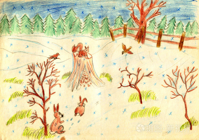 drawing picture,drawingpicture an old hand drawing picture - rustic winter scene