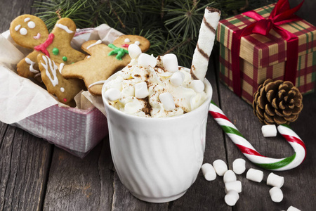 圣诞节喝热巧克力与奶油和棉花糖在 w