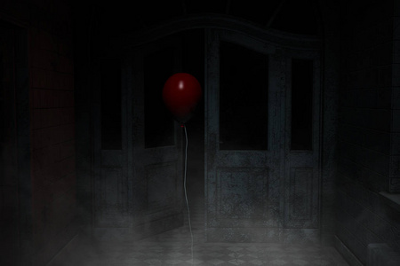 红 balloon,3d 插图红色气球在闹鬼的房子