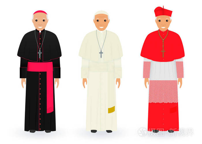 教皇 大是大非和主教字符在典型的衣裳站立在一起.