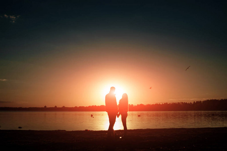 一对爱的情侣的剪影, 美丽的日落在湖上