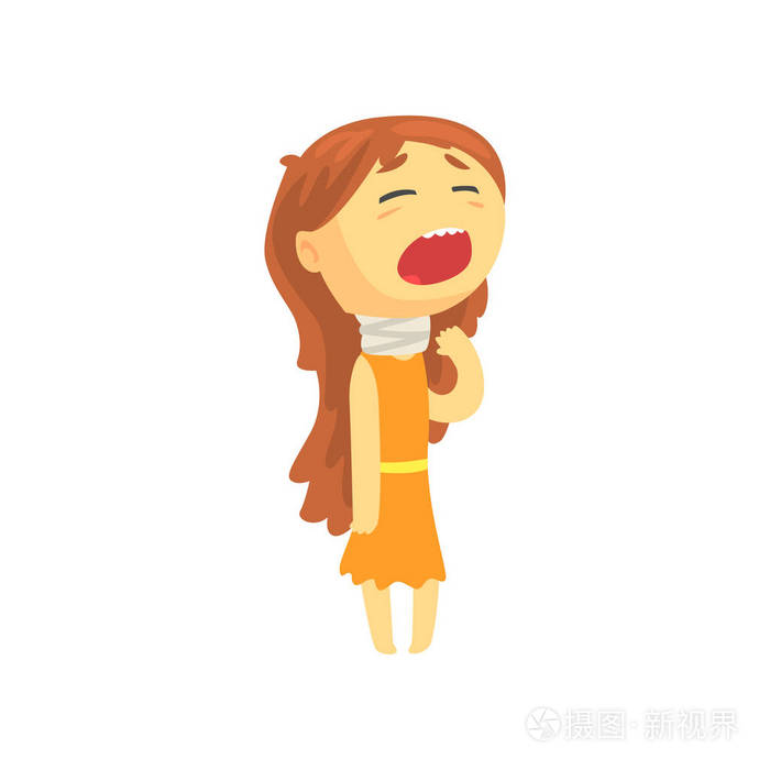 生病的女孩长头发患喉咙痛, 不适青少年需要医疗帮助卡通人物矢量插图