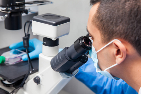 在显微镜下观察细胞培养的男性科学家