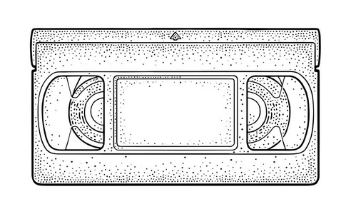 复古视频卡带。老式矢量黑色雕刻插图
