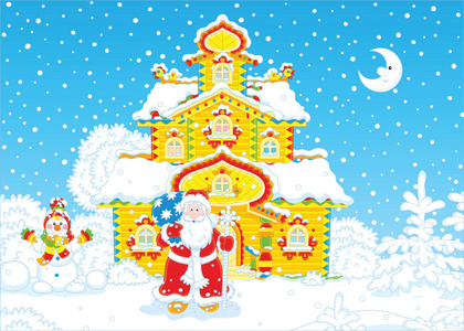 圣诞老人与他的神奇的工作人员和一袋圣诞礼物