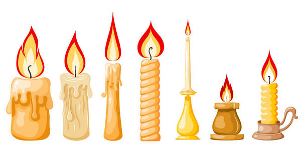 在白色背景的蜡烛卡通。一组黄色的蜡烛与火焰在卡通风格。矢量插图