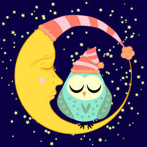 可爱的卡通沉睡的猫头鹰在圆与闭着的眼睛坐在一个昏昏欲睡的新月之间的明星