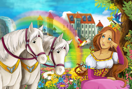 卡通场景与美丽的一对马流彩虹和宫殿的背景年轻女孩女巫是铸造拼写插图儿童