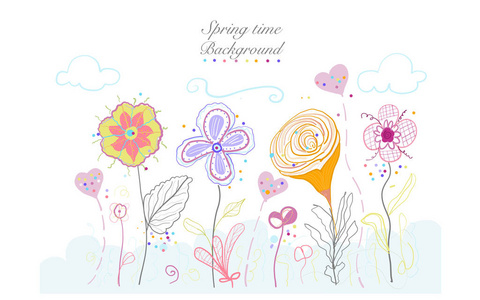 春天的时候五颜六色的抽象花朵。贺卡背景插图
