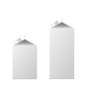 矢量 3d 模拟了牛奶或果汁上的框的白色背景。现实的纸箱一升包带帽分离。您设计的的模板。前视图