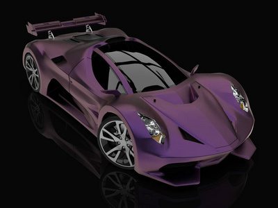 紫色赛车概念车。在黑色光泽的背景下的汽车的形象。3d 渲染