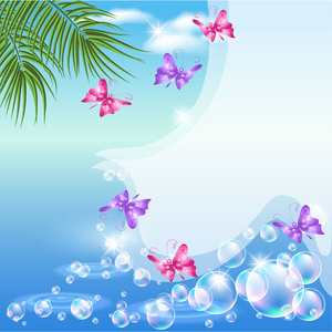 有蝴蝶和棕榈枝的海景图片