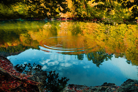柔和的景色, 秋天的风景, 干燥的树木, 金色的天空, 树映在湖面。数字结构的绘画。油画效果过滤器应用