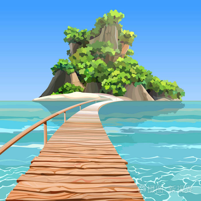 在绿松石海的一个码头的卡通热带岛屿