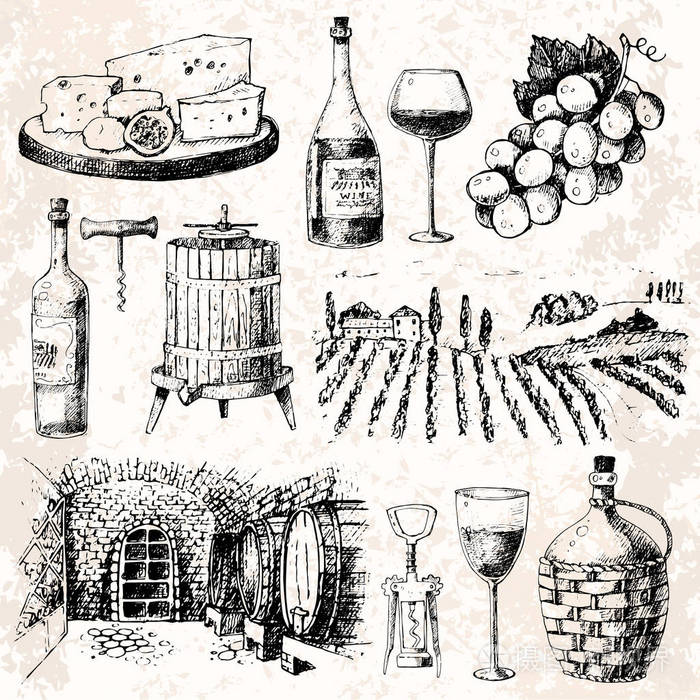 葡萄酒酒庄葡萄酒生产手工草案酿酒素描发酵葡萄饮料矢量图