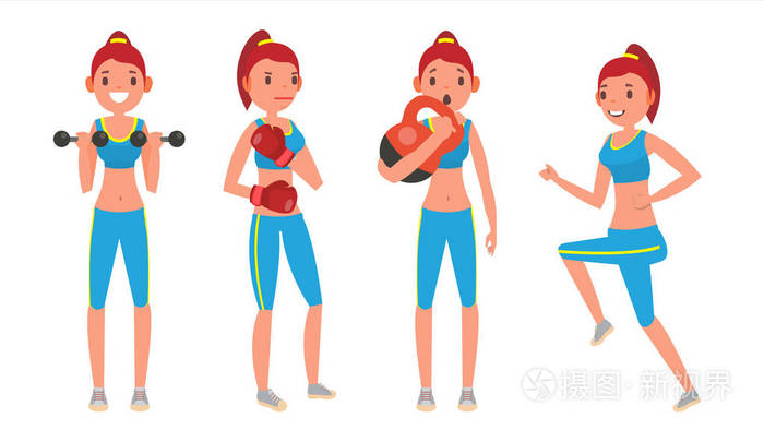 健身女孩矢量.设置.现代锻炼与舒展 重量.健康的生活方式.