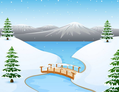 动画片冬天风景与山和小木桥梁在河