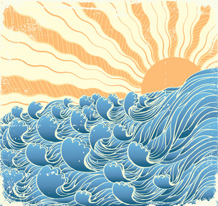 海浪。vectorgrunge 的海与太阳的插图
