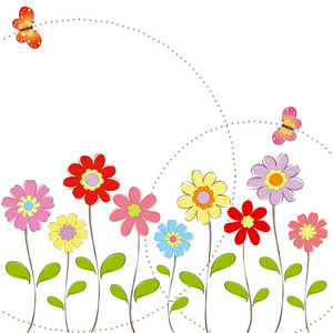 春天，五颜六色的花配蝴蝶贺卡