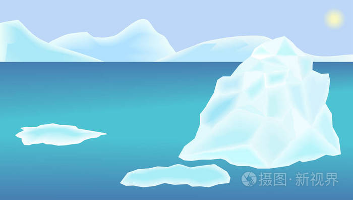 风景海洋,冰山和冰浮冰,天空和太阳的例证