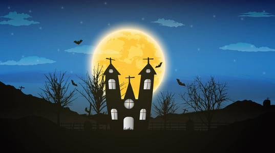 万圣节夜背景与光秃秃的树，蝙蝠闹鬼的房子