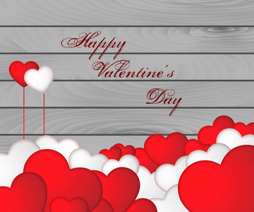 美丽的贺卡为情人节, 矢量横幅白色和红色的心在灰色的木制背景