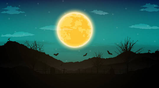 万圣节夜背景与裸树 蝙蝠和满月 o