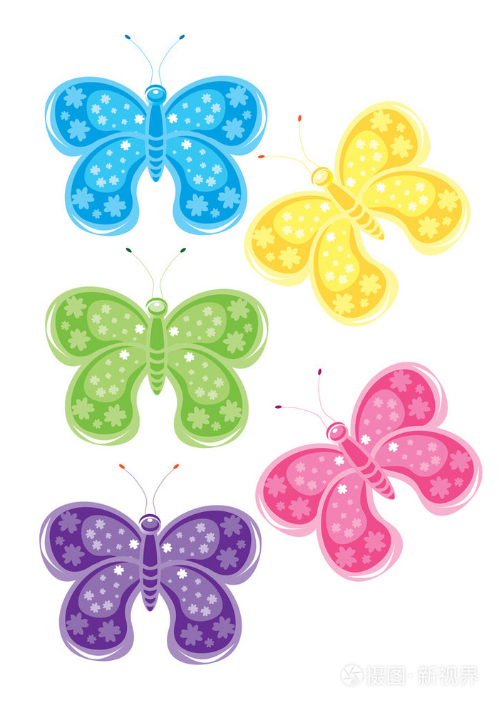 Set of different colored butterflies
