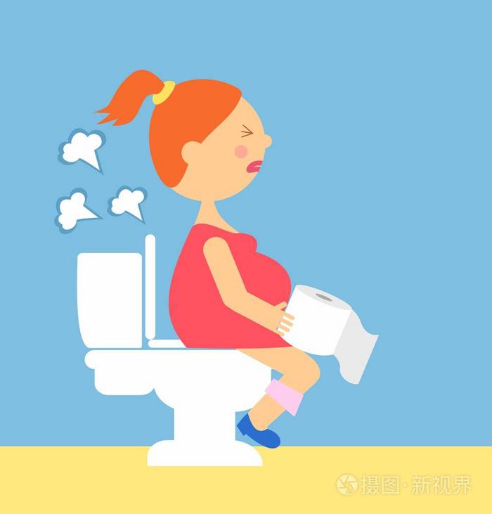 卡通插图的孕妇会产生气体,坐在马桶上.系列怀孕