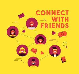 以平面风格与好友概念图连接。人们团体在社交媒体网络上进行网上活动。Eps10 向量