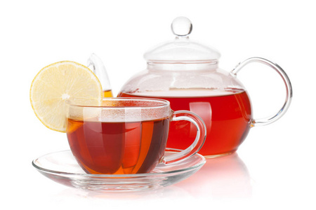白底柠檬片玻璃茶壶和红茶杯