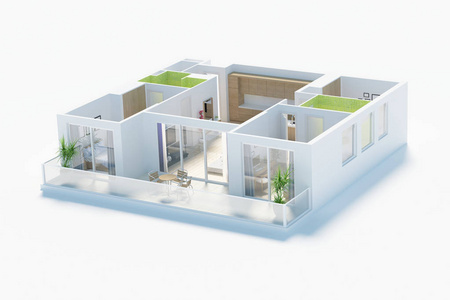 房屋顶部平面图3d 插图。开放式概念生活公寓布局