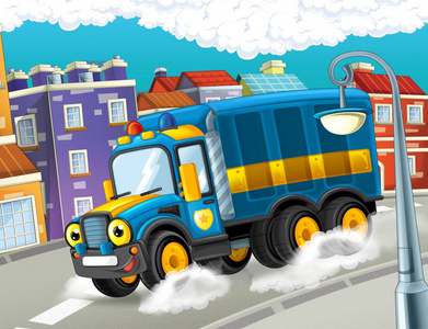 快乐和有趣的卡通警察卡车寻找和微笑开车穿越城市儿童插画