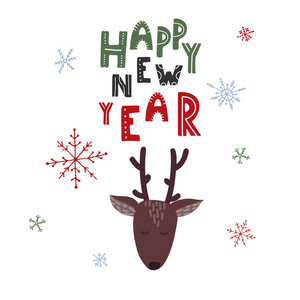新年快乐。有雪花背景的可爱鹿