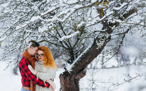 爱夫妇快乐情侣圣诞冬新年雪肖像拥抱美丽的森林