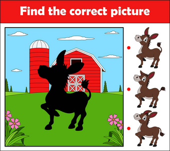 找到正确的图片, 儿童教育游戏。农场快乐驴