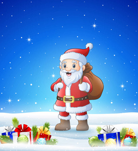 卡通圣诞老人带球袋冬季背景的矢量插图