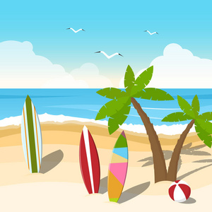 有棕榈树和冲浪的阳光海景