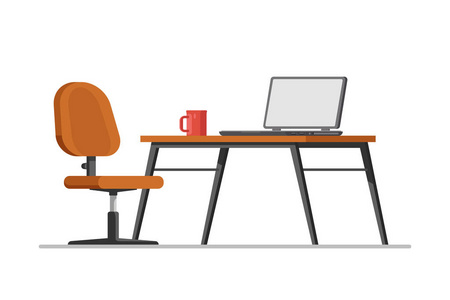 工作场所为室工作或设计师与木桌扶手椅杯子计算机。平面矢量图