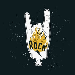 时髦的复古标签让摇滚与人的手。用手和手指打印, 显示岩石山羊或重金属的标志