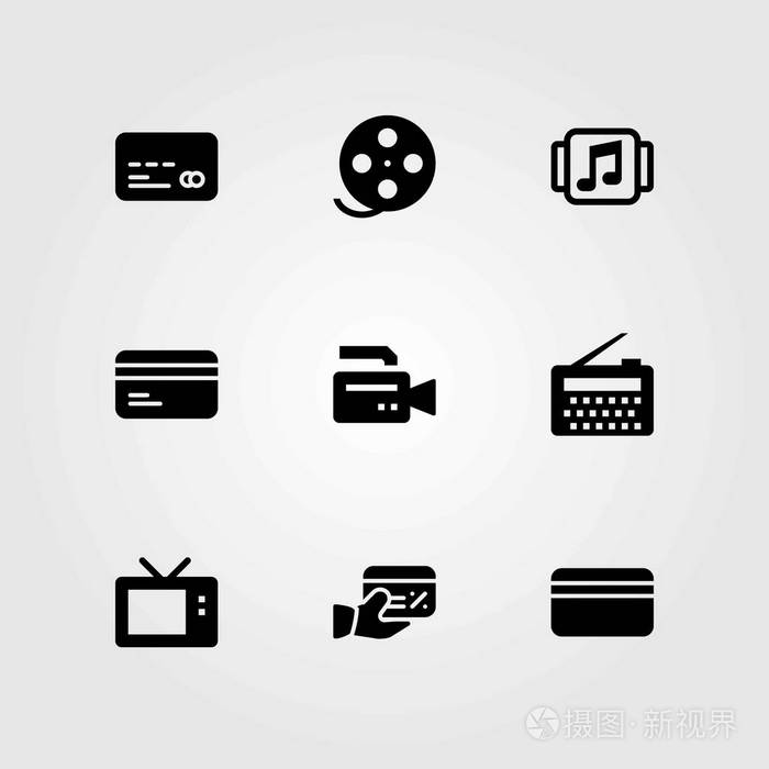 技术矢量图标设置.收音机,电影卷和音乐播放器