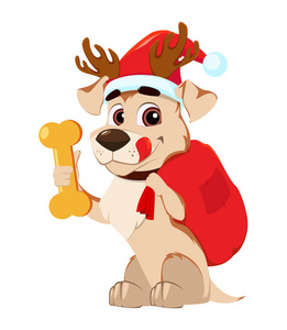 有趣的狗穿上圣诞老人的帽子和鹿鹿角举行袋 w