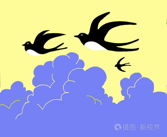 矢量绘图燕子飞到多云的天空