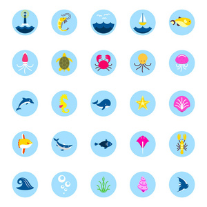 海洋或海洋标志与动物和鱼, 贝类和贝壳。海洋图标。用于应用程序中的接口