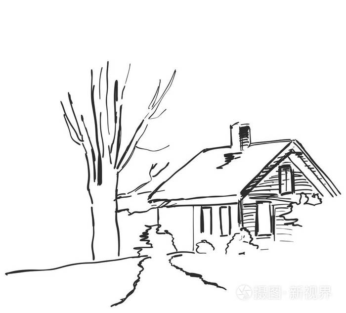 山区的冬季景观.雪中的房子和树的草图